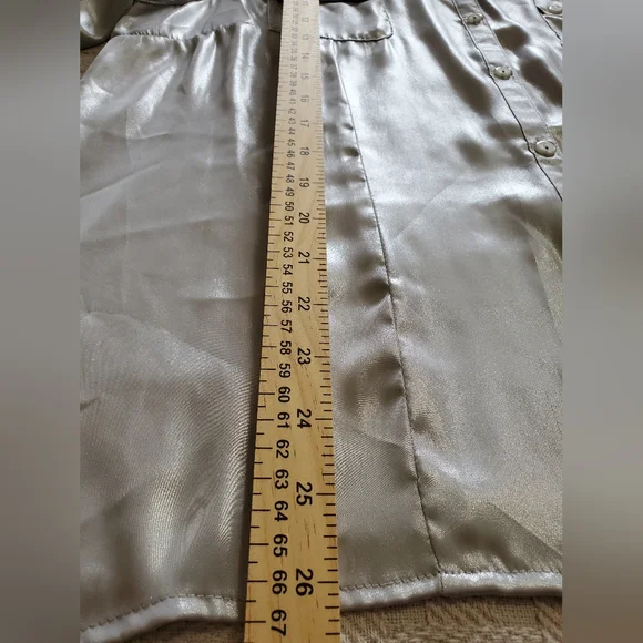 Y2K Notations Metallic Silver Shimmer Button-Front Blouse with Roll-Tab Sleeves - Picture 11 of 15